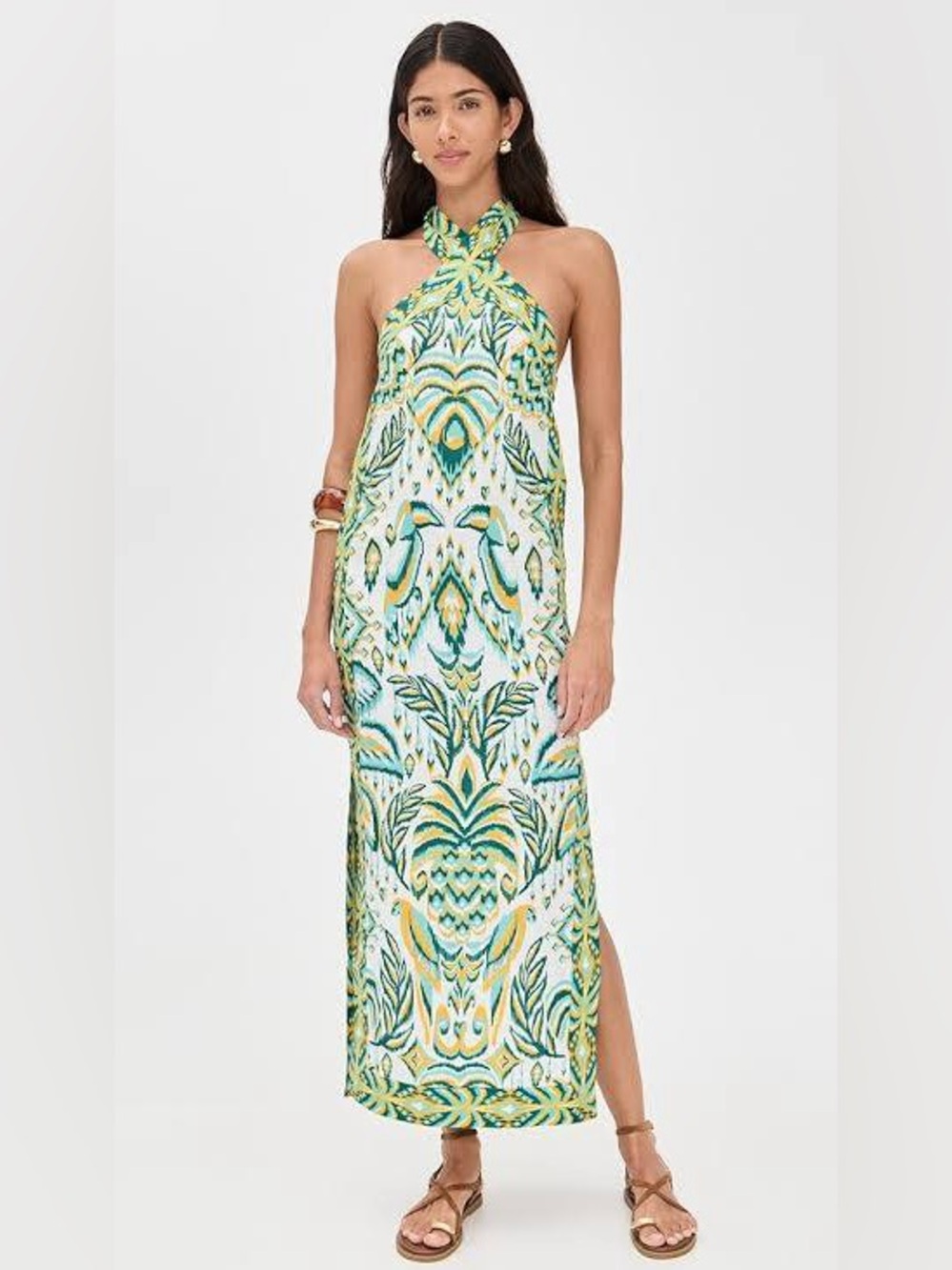 FARM Rio Green and Yellow Halter-Style Maxi Dress